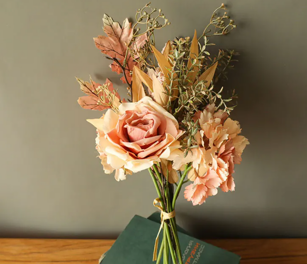 Букет 5, троянда, гортензія, листя - персиковий
