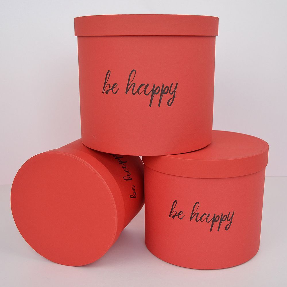 Набір шляпних коробок з кришками, 3 шт. &mdash; &laquo;be happy&raquo; червоний