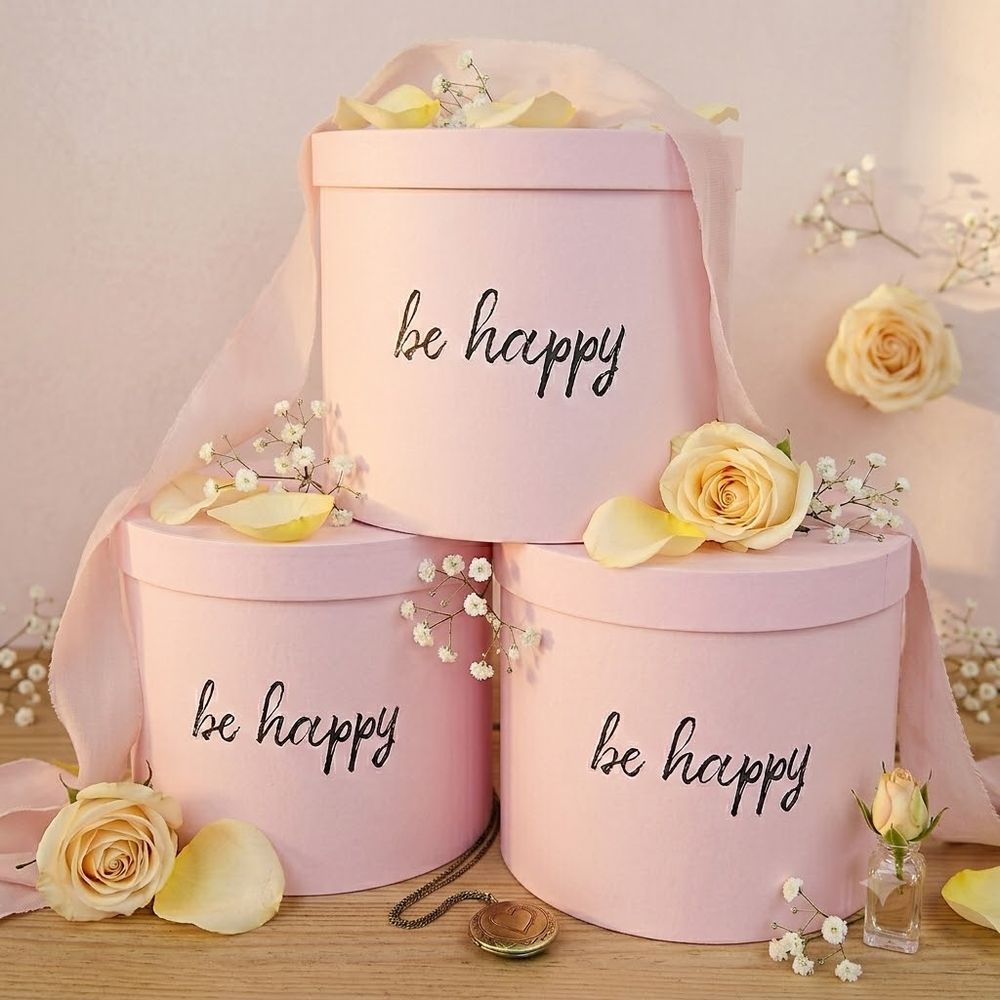 Набір шляпних коробок, з кришками "be happy" рожевий