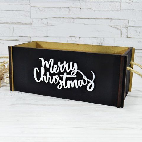 Коробочка дерев'яна, Merry Christmas, 12 см х 25 см, чорна