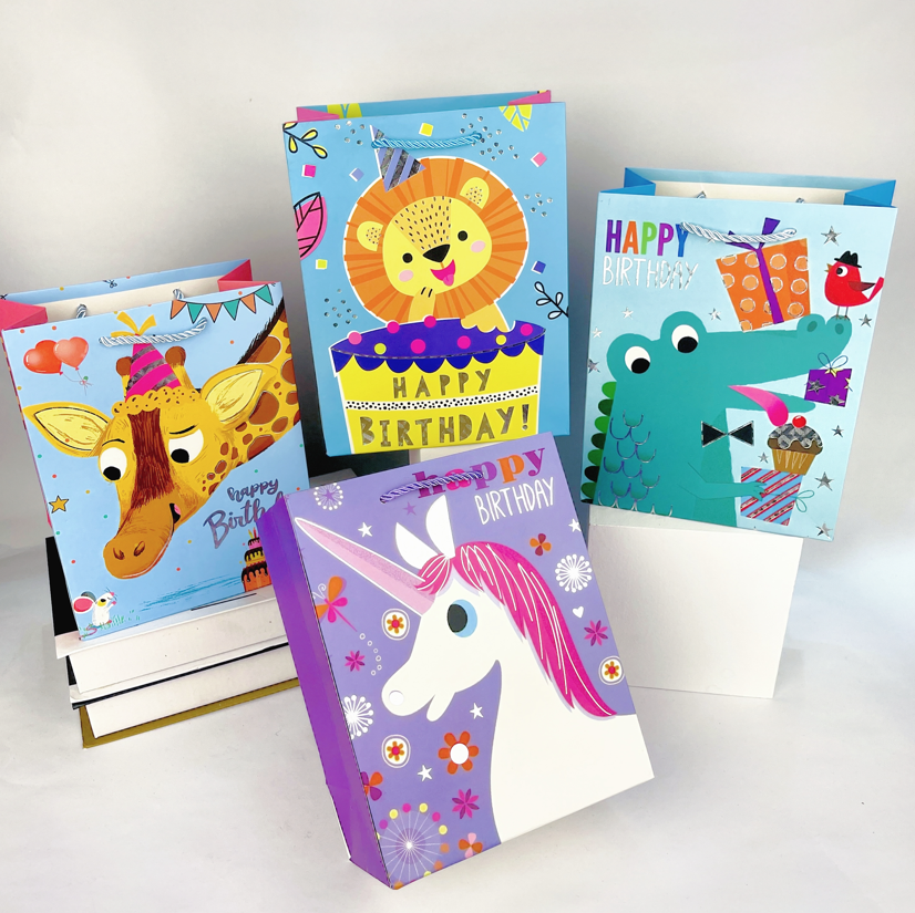 Мікс подарункових пакетів, розмір L - Happy Birthday, звірята