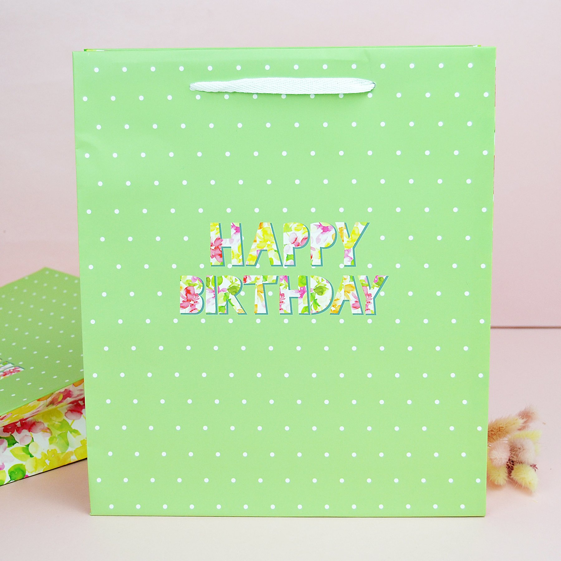 Пакет подарунковий, розмір М, ламінований - "Happy Birthday" горошок