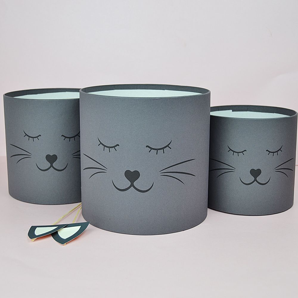 Набір міні, шляпних коробок з декором, "Котик" - графітовий