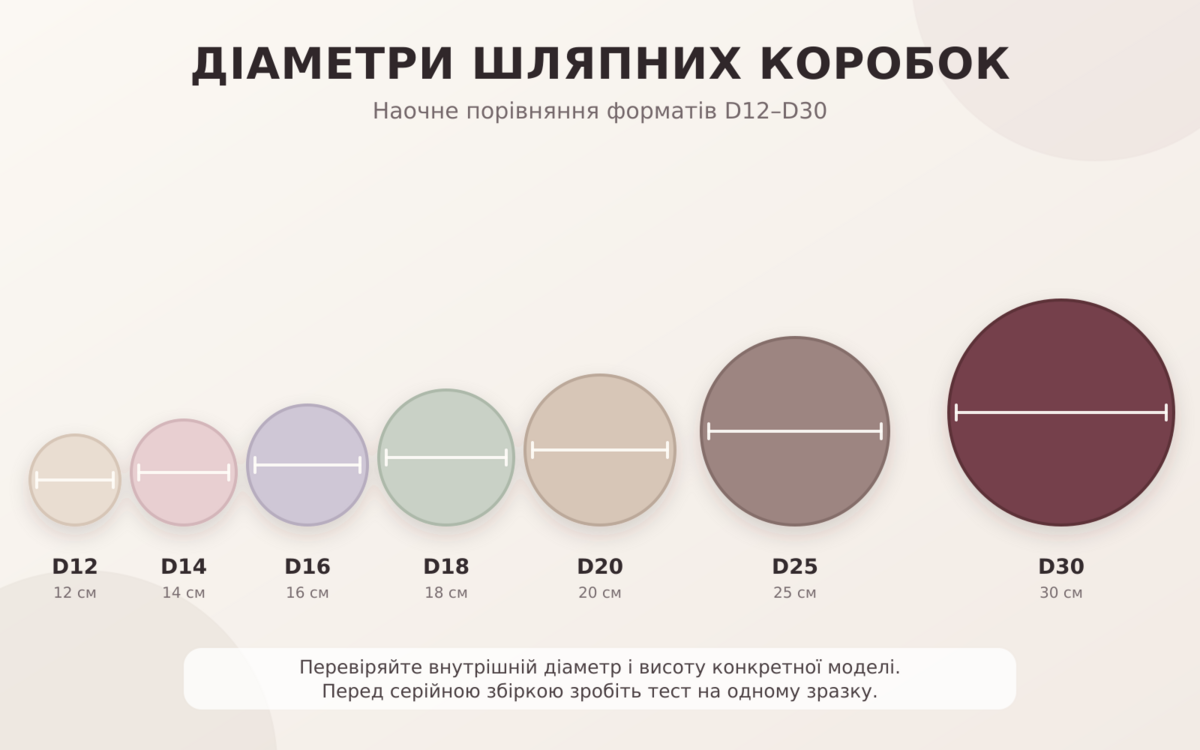 Порівняння діаметрів шляпних коробок D12–D30