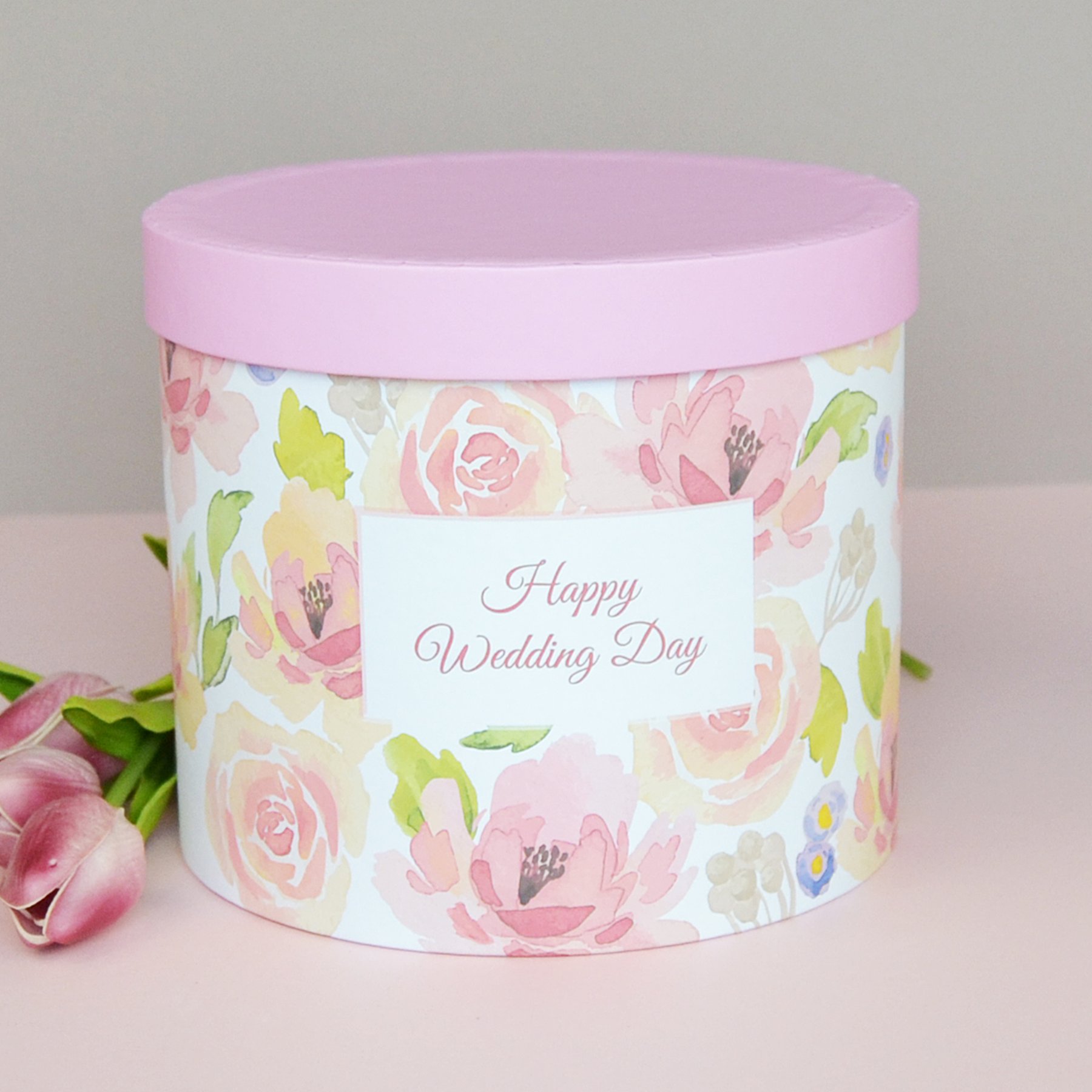 Шляпна коробка з кришкою D20 "Happy Wedding Day" квіти