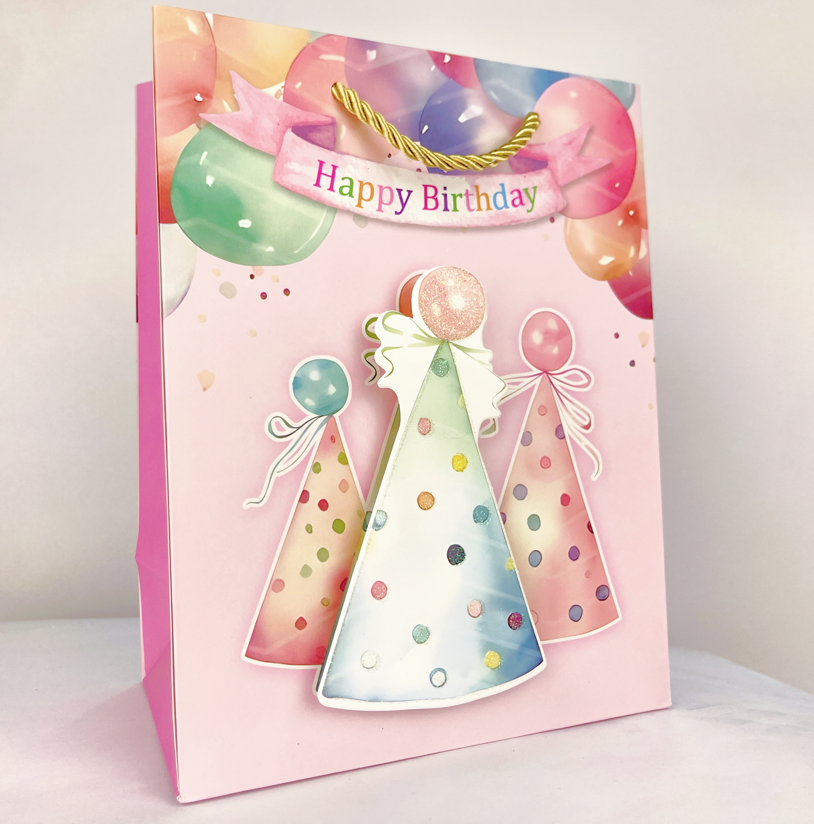 Мікс подарункових пакетів, розмір М - Happy Birthday, акварельні