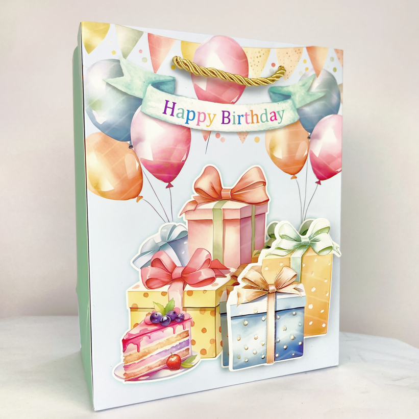 Мікс подарункових пакетів, розмір М - Happy Birthday, акварельні