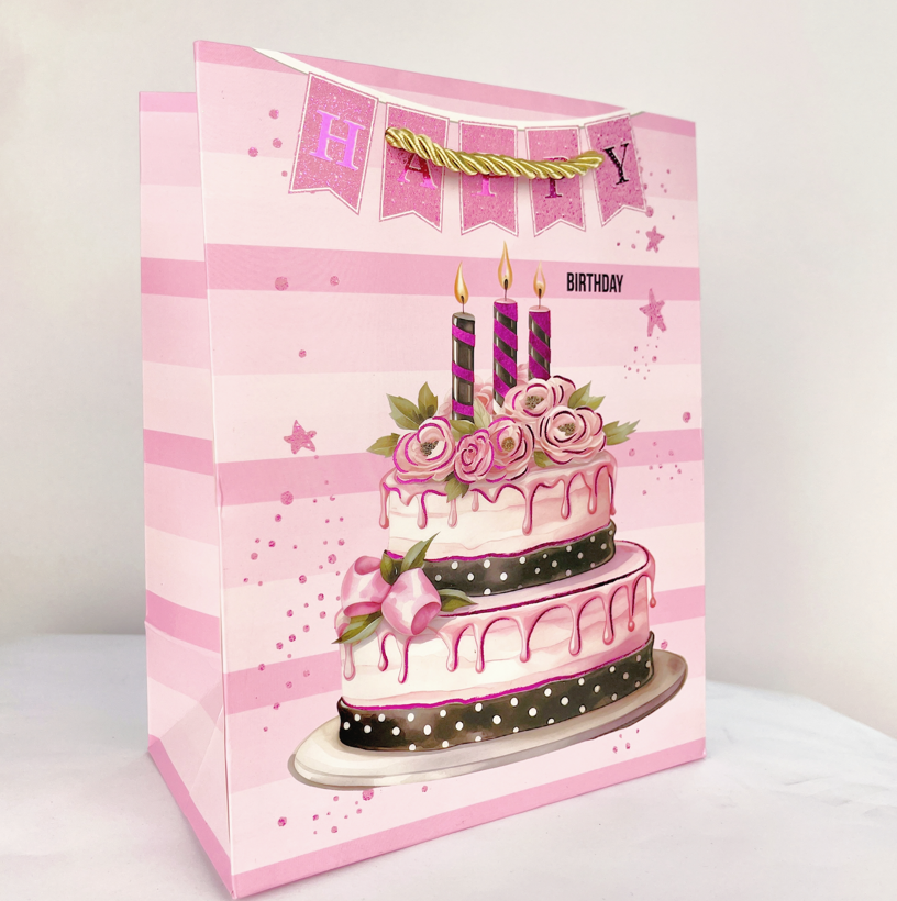 Мікс подарункових пакетів, розмір S - Happy Birthday, рожеві