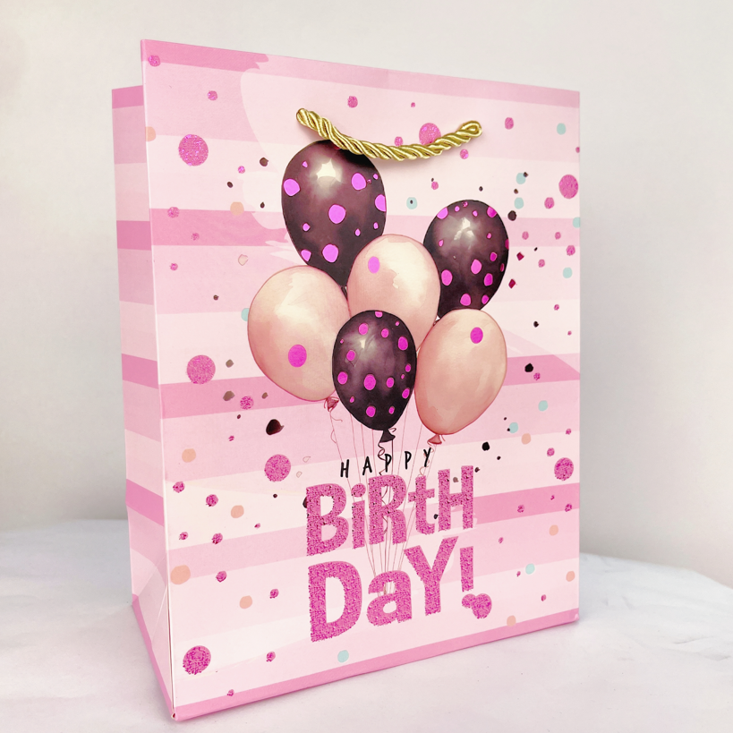 Мікс подарункових пакетів, розмір L - Happy Birthday, рожеві